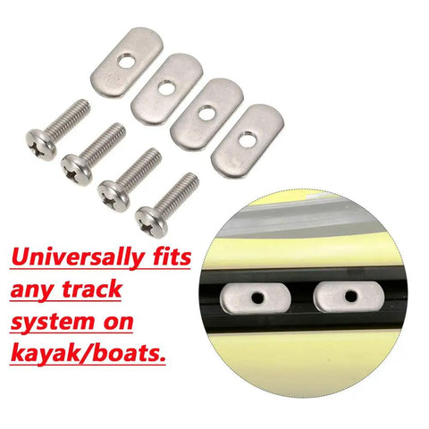 Built Tough Stainless Steel Kayak Rail Track Screws and Nuts Replacement Kit For Kayaks Canoes Boats displayed with mounting example
