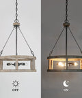 Farmhouse Wood Drum Chandelier For Dining Room And Kitchen Island Handcrafted Birch Light Fixture For Foyer With Warm Rustic Glow 15.5 Inch Diameter Ceiling Pendant Lighting shown on and off