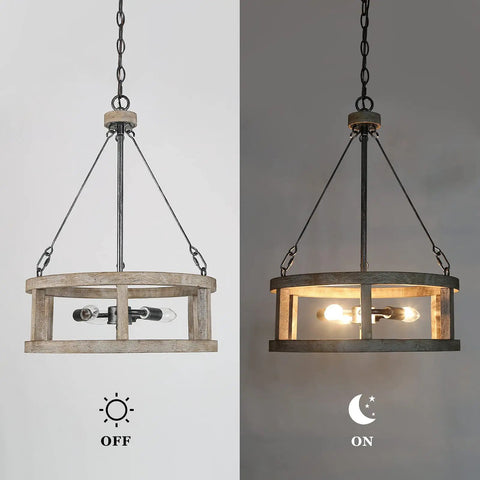 Farmhouse Wood Drum Chandelier For Dining Room And Kitchen Island Handcrafted Birch Light Fixture For Foyer With Warm Rustic Glow 15.5 Inch Diameter Ceiling Pendant Lighting shown on and off