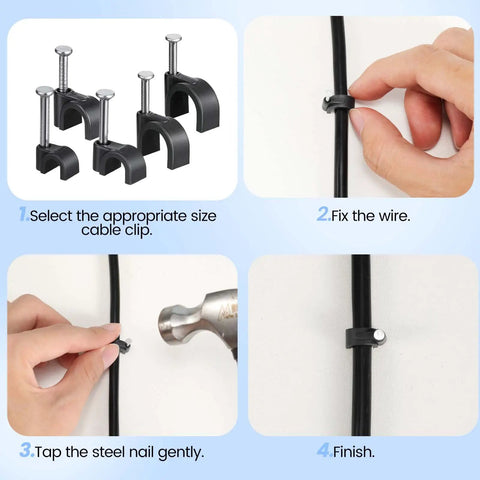 Instructional diagram for 500 Pack Cable Clips With Steel Nails In 4mm 5mm 6mm 8mm 10mm Nail In Wall Mount Cable Management Clips