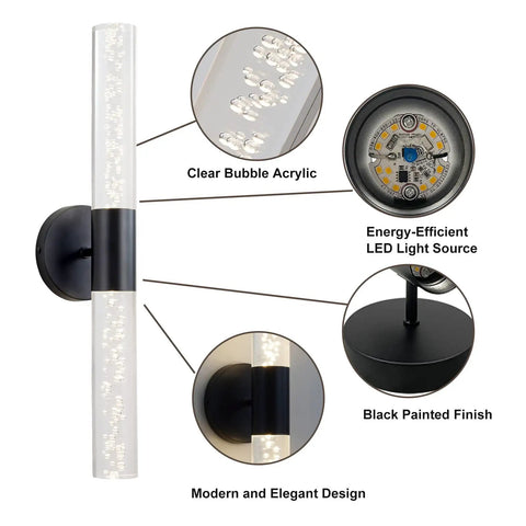 Close-up view of Black Modern LED Vanity Light Fixture Wall Sconce With Bubble Crystal Design Nineteen Point Eight Inch Long 3000K Warm White Vertical or Horizontal Mount Slick Bath And Hallway Lighting For Bedroom Living Room, highlighting bubble acrylic and LED source.