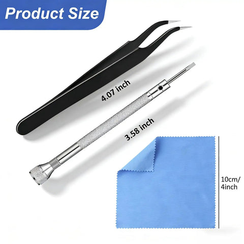 Compact Eyeglass Repair Kit With Precision Screwdriver And Tweezers For Glasses featuring tools and microfiber cloth, size details included.