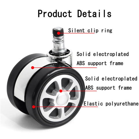 Premium 2.5 Inch Office Chair Casters Featuring Silent Gliding Polyurethane Tires, detailed view of wheel with ABS frame.