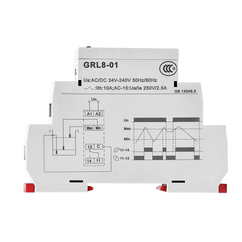 Liquid Level Controller With Timer Relay For Pumps 10A SPDT AC DC 24 To 240V Two Level Modes front view with diagram
