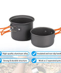 Two nonstick aluminum pots with orange handles from 6-Piece Camping Cookware Mess Kit With Lightweight Aluminum Nonstick Pots, Foldable Camp Stove, Spork And Carry Bag, The Go-To Gear For Backpacking, Hiking, Outdoor Camping And Picnics