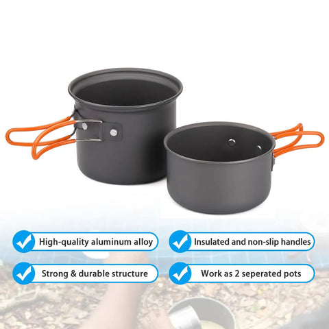 Two nonstick aluminum pots with orange handles from 6-Piece Camping Cookware Mess Kit With Lightweight Aluminum Nonstick Pots, Foldable Camp Stove, Spork And Carry Bag, The Go-To Gear For Backpacking, Hiking, Outdoor Camping And Picnics