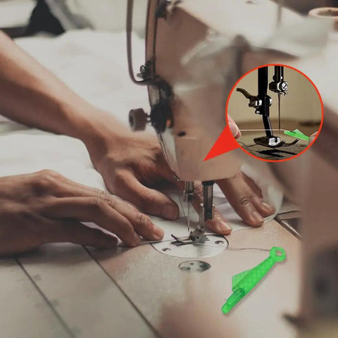 Hands using a sewing machine with an Automatic Fish Type Needle Threader For Sewing Lovers Game Changing Handy Hand Sewing Tool shown close-up.
