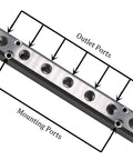 Heavy Duty 7 Way Aluminum Pneumatic Manifold Block With 2 G1/2 Inlets And 2 G1/4 Outlets For Air Distribution, labeled ports