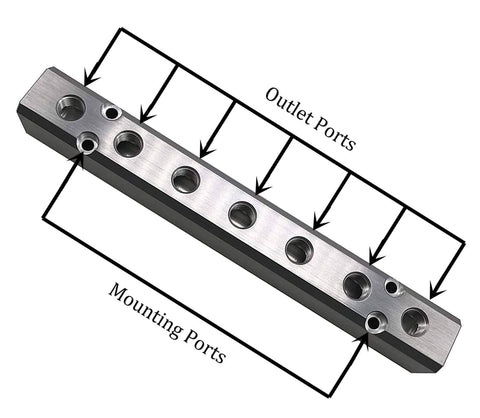 Heavy Duty 7 Way Aluminum Pneumatic Manifold Block With 2 G1/2 Inlets And 2 G1/4 Outlets For Air Distribution, labeled ports