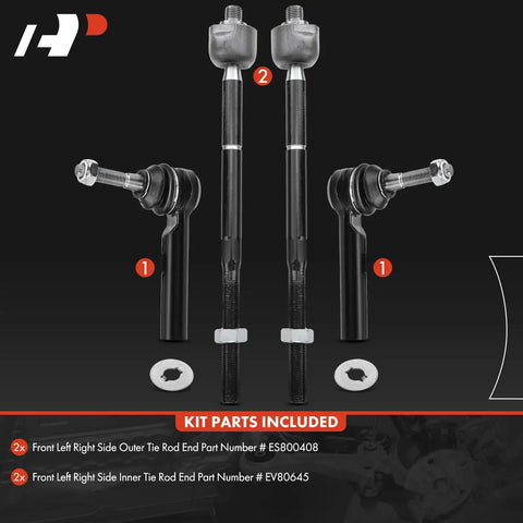 Front Inner And Outer Tie Rod End Kit For Jeep Compass 2007-2017, Patriot 2007-2017, And Dodge Caliber 2007-2012 - Tighten Up Steering, Eliminate Shake, Fix Uneven Tire Wear, Durable Replacement For Worn Suspension Components, four black metal tie rod ends