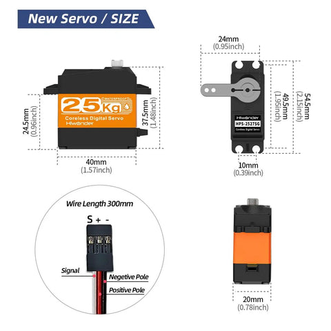 Hiwonder 25KG Servo Motor Waterproof High Torque Servo with dimensions and wiring illustration