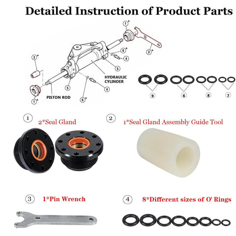 Front Mount Hydraulic Steering Cylinder Seal Kit For SeaStar Pivot And Front Mount Cylinders On Outboard Motors Replacement Seals For HC5340 HC5341 C5348 HC5358 HC5365 HC5375 HC6755 with seal gland, assembly guide, pin wrench, and O-rings.
