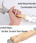 Hand holding All-In-One Beekeeping Steel Hive Tool With Wooden Handle, 7 Functions Including Scraper, J Hook, Frame Lifter, And More