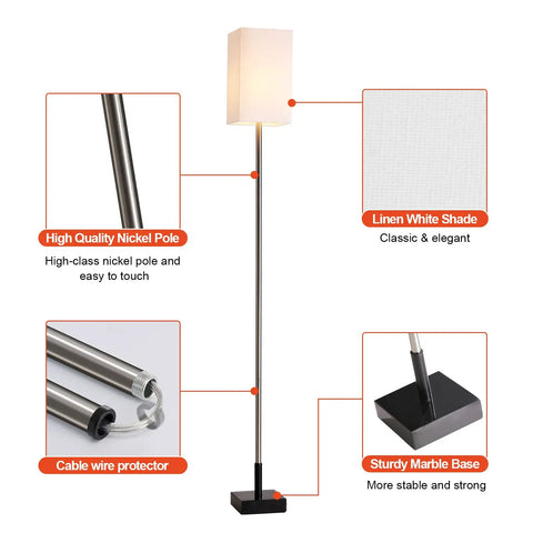 Tall Floor Lamp With Linen Shade For Living Room And Bedroom - Modern Standing Light, High Quality Nickel Pole and Sturdy Base