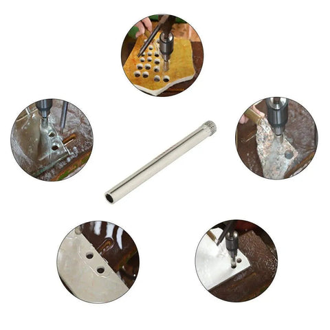 Diamond Coated Hole Saw Drill Bit Set 5mm for Glass Tile Ceramic Marble Porcelain Rocks, with drilling examples and core cutter.