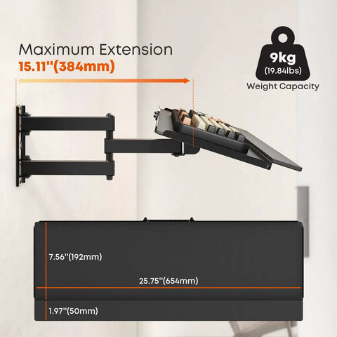 Heavy Duty Wall Mount Keyboard Tray With Adjustable Articulating Arm And Expanded Metal Deck showing max extension and weight capacity markings.