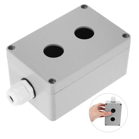 Metal Push Button Control Box With Emergency Stop Cover For Industrial Outdoor Use 2 Hole Cast Aluminum Switch Enclosure Rugged Weatherproof Design Easy Install Built To Last In Harsh Environments. 2-hole cast aluminum control box with two button cutouts, white