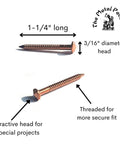 Legit Heavy Duty 11 Gauge Copper Decorative Nails With Ring Shank For Rock Solid Grip And Slick Rosehead Finish Pack Of 100 Made In Usa showing two nails with attractive heads, 1.25 inch length, and threaded design.