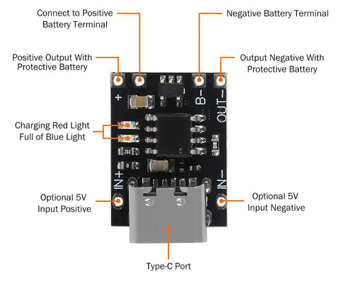 Five Tp4057 1A Lithium Ion Battery Charging Modules With Type C Usb Hookup Overtemp Cutout And Dual Led Status Lights shown with labeled connections.