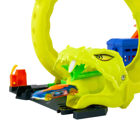 Snake Spiral Attack Toy Car Track Set With 1 To 64 Scale Die Cast Vehicle emerging from snake mouth