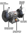 Tough As Nails 8 Inch Bench Grinder with 3600 RPM, featuring cast iron construction, adjustable tool rests, and grinding wheels.