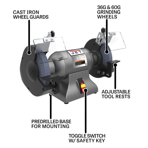 Tough As Nails 8 Inch Bench Grinder with 3600 RPM, featuring cast iron construction, adjustable tool rests, and grinding wheels.