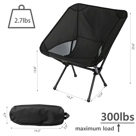 Lightweight Foldable Camping Chair With Grab And Go Carry Bag For Hiking And Outdoors, Sturdy Oxford Frame, dimensions shown