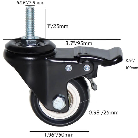 Heavy Duty 2 Inch Swivel Caster Wheels With Five Sixteenth Inch Threaded Mount 330 Lb Capacity Quiet PU Dual Locking Castors With Brakes