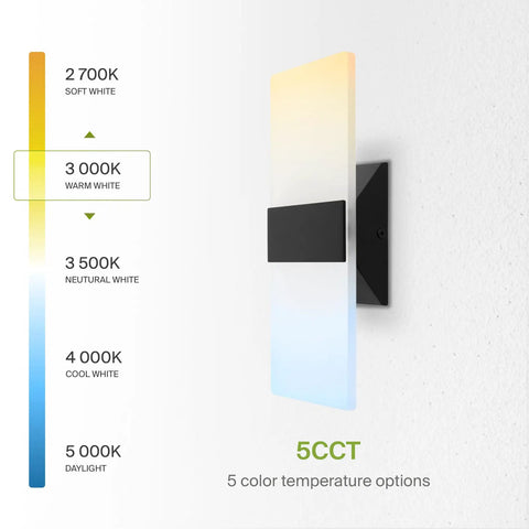 Sleek Dope 15W Dimmable LED Wall Sconce Set on wall, showing adjustable 2700K to 5000K color temperature options, black mount.
