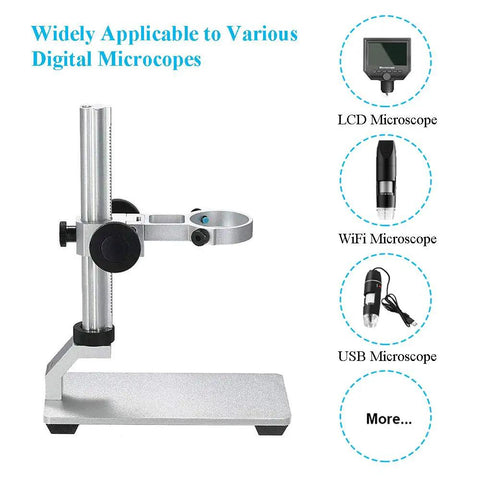 Heavy Aluminum Microscope Stand For USB Digital Microscopes Adjustable Support Fits 1 To 1.4 Inch Diameter Tubes, shown with LCD, WiFi, and USB microscopes