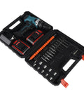 Heavy Duty Cordless Electric Drill Kit With Two 21V Lithium Batteries And Quick Swap Chuck in a black plastic case.