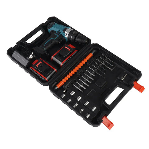 Heavy Duty Cordless Electric Drill Kit With Two 21V Lithium Batteries And Quick Swap Chuck in a black plastic case.