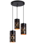 3 Light Modern Kitchen Island Pendant Lights With Cylindrical Metal Cage, Industrial Round Base Multi Pendant Fixture, Gold Inner Black Finish