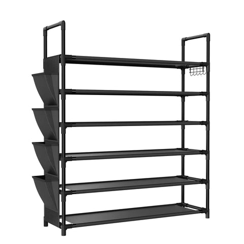 Hella Compact Six Tier Shoe Rack Organizer With Hook And Side Pocket Fits Twenty Four To Thirty Pairs Boots And Sneakers Free Standing entryway storage unit with five shelves.