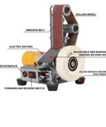 Mini Belt Sander Electric Polishing Tool With 7 Variable Speeds And Grinding Wheel For Wood Acrylic Compact Desktop Sanding Machine close-up showing components.