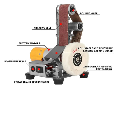 Mini Belt Sander Electric Polishing Tool With 7 Variable Speeds And Grinding Wheel For Wood Acrylic Compact Desktop Sanding Machine close-up showing components.