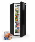 No Sweat 11 Cu Ft Frost Free Upright Freezer With Convertible Fridge Mode And Adjustable Shelves Smooth Sailing Mechanical Temp Control Freestanding Deep Storage For Garage Or Kitchen Clean Black Finish Quick Setup with open door showing food storage.