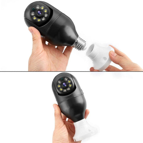 Plug And Play 1080P Wireless Security Cameras Two Pack No Drill No Wires E26 E27 Socket Mount shown with hands demonstrating setup.