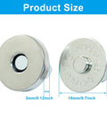 Close-up of 40 Sets Magnetic Snaps For Purses And Bags, 18mm Rustproof Fasteners Replacement Kit, male and female snap parts with measurements.