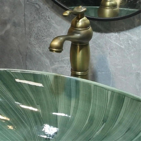 USZWBY Green Ceramic Oval Vessel Sink for Bathroom Balcony Outdoor Counter Top Vanity with vintage faucet and mirror.