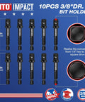 10 Piece 3/8 Inch Drive Impact Socket Adapter Set With 1/4 Inch Hex Shank For Drill To High Torque Wrench Turn Any Drill Into An Automotive And DIY Ready Pro Grade Impact Tool In Durable CR V Steel displayed against a blue background, showcasing individual adapter tools with product dimensions and application Icons.