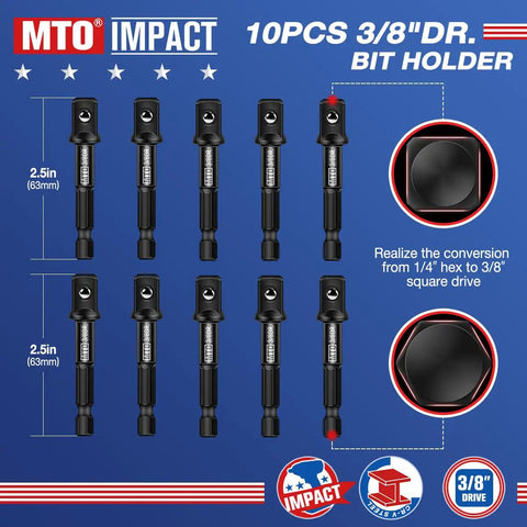 10 Piece 3/8 Inch Drive Impact Socket Adapter Set With 1/4 Inch Hex Shank For Drill To High Torque Wrench Turn Any Drill Into An Automotive And DIY Ready Pro Grade Impact Tool In Durable CR V Steel displayed against a blue background, showcasing individual adapter tools with product dimensions and application Icons.
