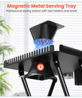 Pro Grade Hair Styling Station Cart With Foldable X Shaped Base Metal Rolling Hair Stylist Trolley with magnetic tool holders.