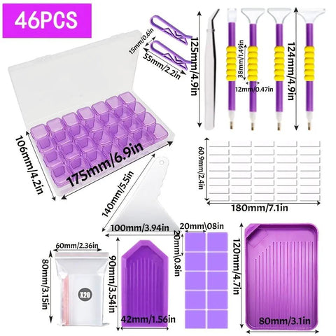 46 Piece DIY Diamond Painting Tools And Accessories Kit With Multiple Pen Sizes Tweezers Glue Diamond Correction And A 28 Bottle Storage Box For Easy Desk Organization Perfect For Adults Craft Lovers At Home, with detailed measurements of each component shown.