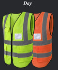 Go To High Visibility Mesh Safety Vest With Pockets And Zipper, ANSI ISEA Approved, unisex breathable polyester vest in yellow and orange with reflective strips