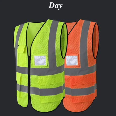 Go To High Visibility Mesh Safety Vest With Pockets And Zipper, ANSI ISEA Approved, unisex breathable polyester vest in yellow and orange with reflective strips