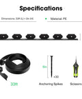 No-Dig Landscape Edging Kit with 33 ft of 2 in high plastic garden border, 30 anchoring spikes, and scissors, black PE material.