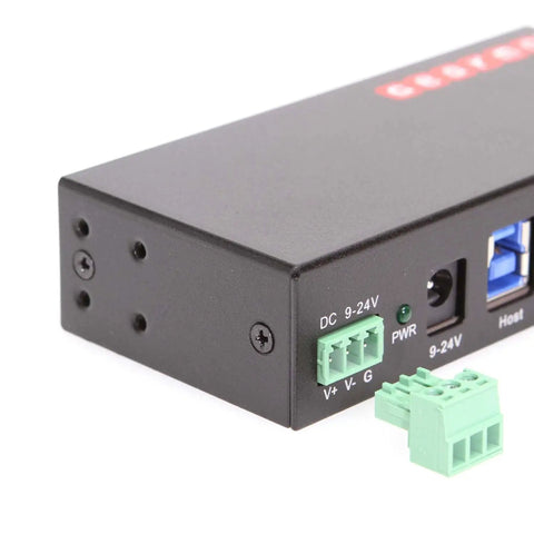 Built Like A Tank 4 Port USB 3.2 Gen 1 Industrial Metal Hub With Kickass Surge Protection And DIN Rail Mounting rear view with connectors