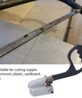 Kickass Metal Sheet Cutter With Dual Circular Edge Blades shown on a metal and cardboard surface, handheld and portable tool.