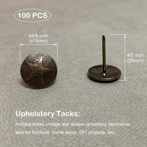 Hardcore Upholstery Tacks And Furniture Nails 100 Pack Heavy Duty Decorative Hardware Big Time Upgrade For DIY Restorations Solid Antique Brass star shape tacks 16mm head 20mm shank for home decor.